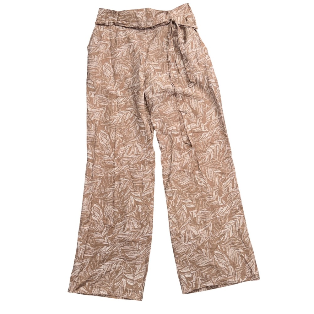 Pink Lily Womens Medium Tan Tropical Leaf Print Wide Leg Tie Waist Pants